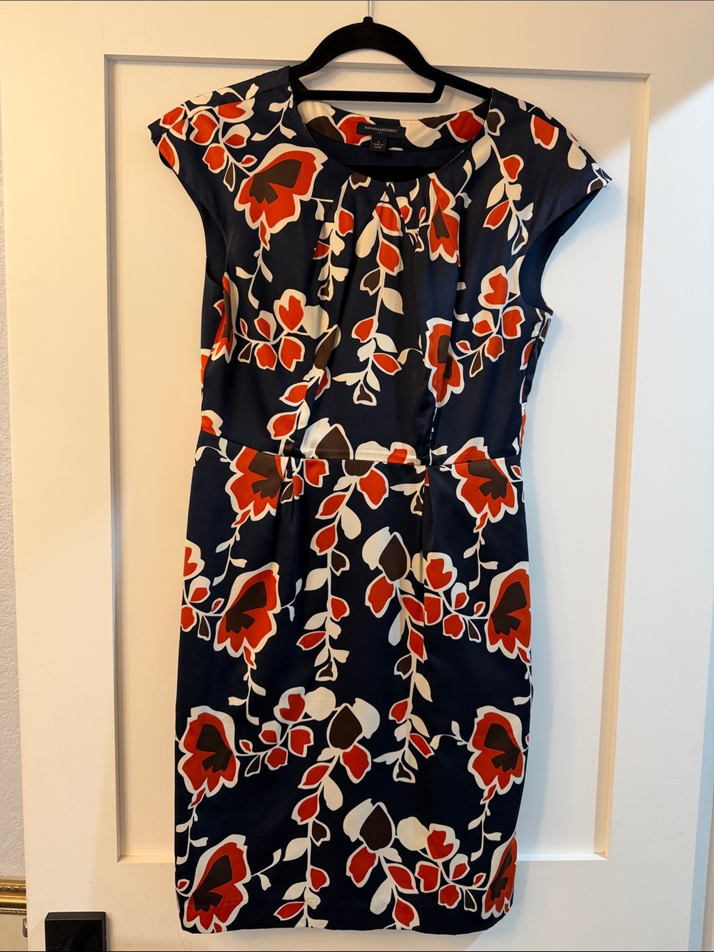 Banana Republic Navy Floral Midi Dress with Red & White Blooms